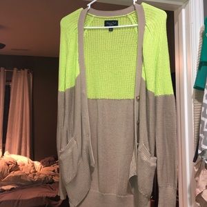 Tan and Neon Yellow/Green Color Block Cardigan